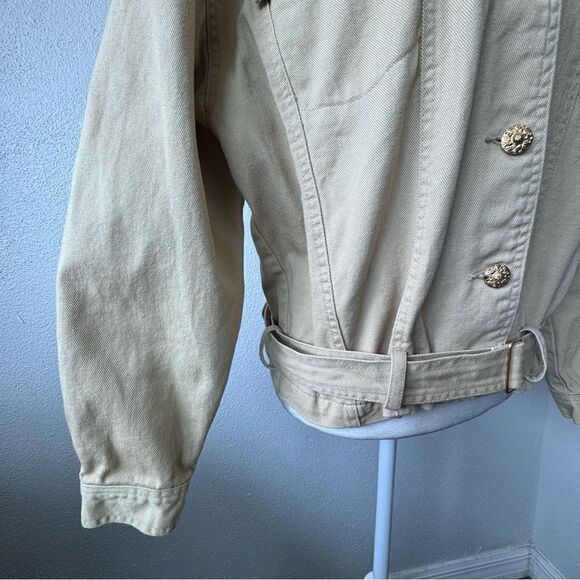 Vintage Tan Bomber Jacket 100% Cotton Women’s Embellished Belt SZ 12 - Picture 10 of 14